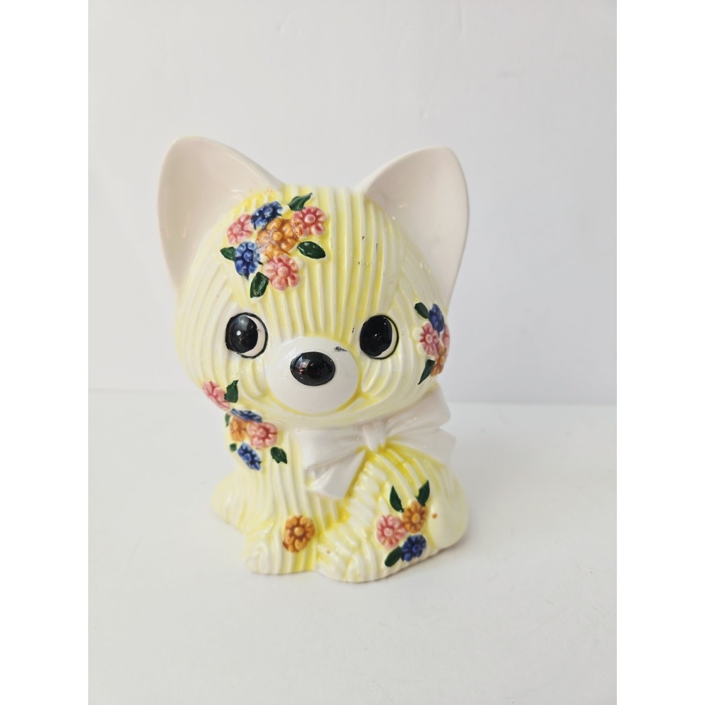 Vintage Napco 9591 yellow‎ cat figurine planter yarn